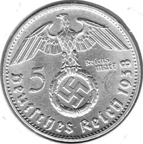 Jäger 0367 - 5 Reichsmark 1938 D Hindenburg Hakenkreuz Silbermünze