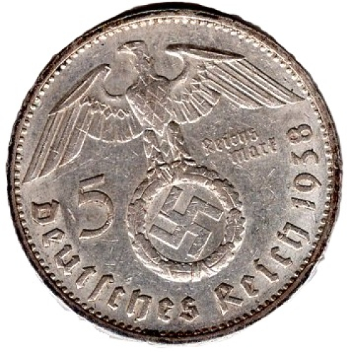 Jäger 0367 - 5 Reichsmark 1938 E Hindenburg Hakenkreuz Silbermünze