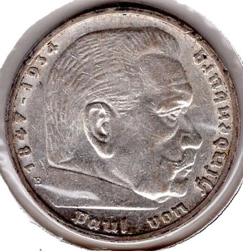 Jäger 0367 - 5 Reichsmark 1938 E Hindenburg Hakenkreuz Silbermünze