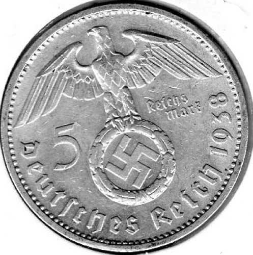 Jäger 0367 - 5 Reichsmark 1938 F Hindenburg Hakenkreuz Silbermünze