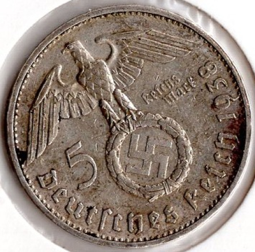 Jäger 0367 - 5 Reichsmark 1938 G Hindenburg Hakenkreuz Silbermünze