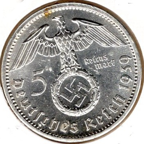 Jager 0367 - 5 Reichsmark 1939 A Hindenburg Swastika Silver Coin