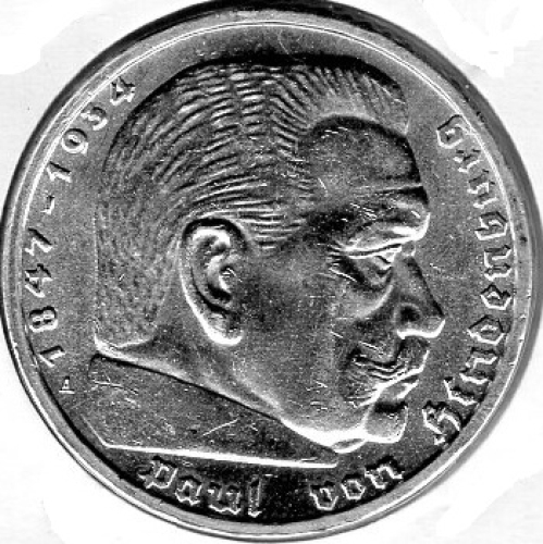 Jager 0367 - 5 Reichsmark 1939 A Hindenburg Swastika Silver Coin