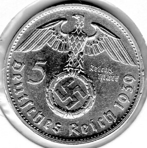 Jäger 0367 - 5 Reichsmark 1939 B Hindenburg Hakenkreuz Silbermünze