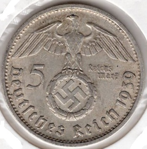Jager 0367 - 5 Reichsmark 1939 D Hindenburg Swastika Silver Coin