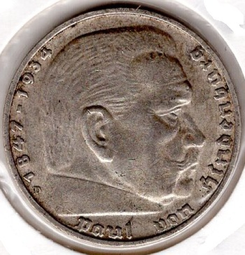 Jager 0367 - 5 Reichsmark 1939 B Hindenburg Swastika Silver Coin