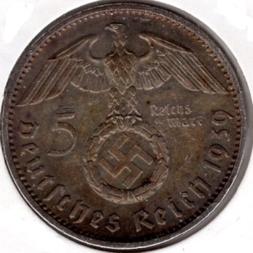 Jager 0367 - 5 Reichsmark 1939 J Hindenburg Swastika Silver Coin