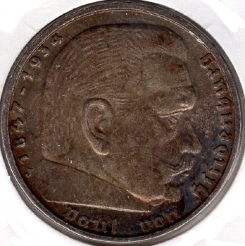 Jager 0367 - 5 Reichsmark 1939 J Hindenburg Swastika Silver Coin