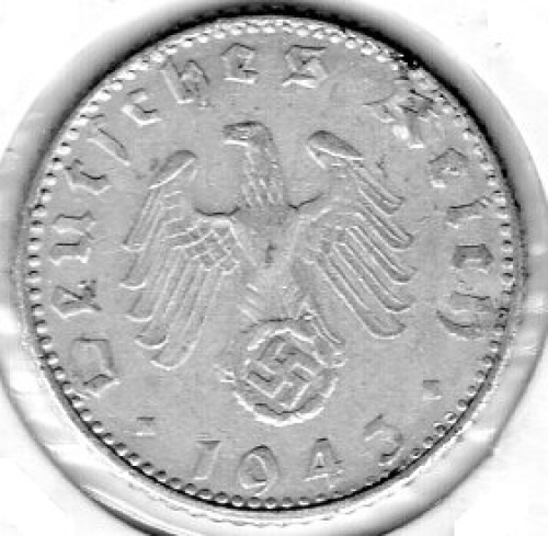 50 Reichspfennig 1943 D Third Reich with Swastika