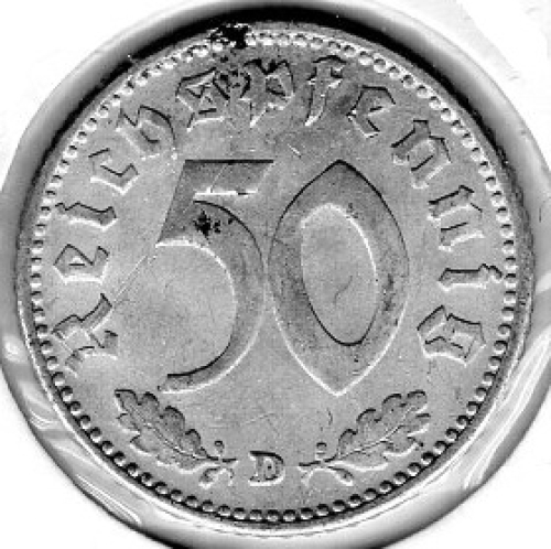 50 Reichspfennig 1943 D Third Reich with Swastika