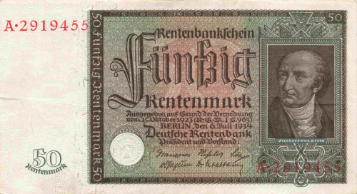 50 Rentenmark pension bank certificate Freiherr vom Stein 6. 7 1934 almost fresh from the bank RO165