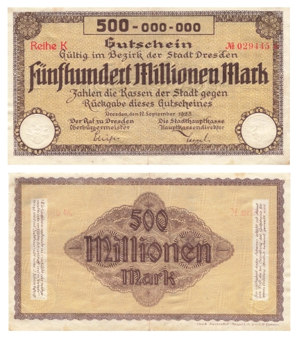 Five hundred million mark voucher city of Dresden September 12, 1923