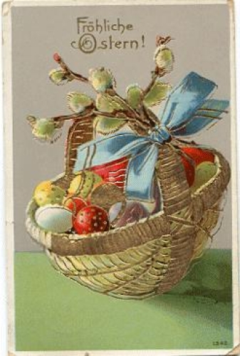 Osterkorb mit Weidenkätzchen Goldprägekarte o 17.3.1913