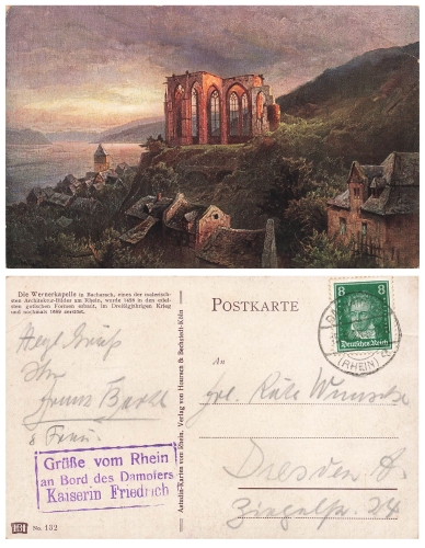 55422 Bacharach Wernerkapelle artist card board stamp Rhine steamer Kaiser Friedrich o 15.9.1928