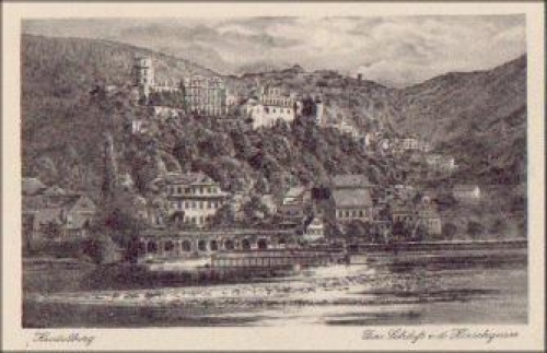 Heidelberg Schloss von der Hirschgasse Künstlerkarte * ca. 1930