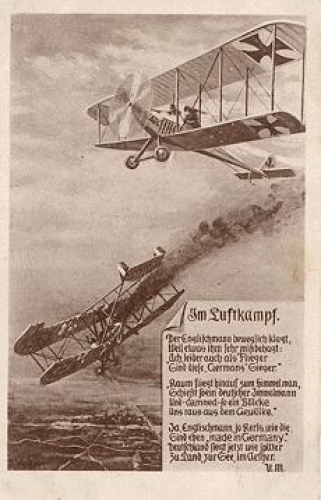 WWI double-decker aircraft. Dogfight o 3.2.1918