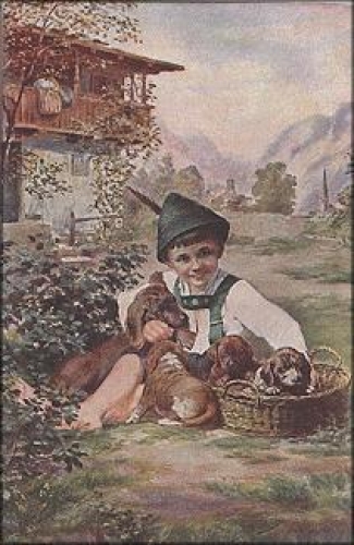 Dackel Familienzuwachs, Künstlerkarte o 17.04.1919