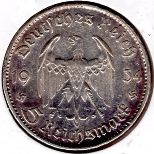 Jäger 0357 - 5 Reichsmark 1934 G Garrison Church Potsdam Silver Coin German Empire