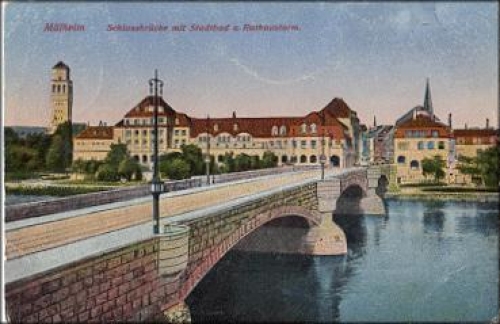 Mulheim Ruhr castle bridge with city pool and town hall tower. March 7, 1925
