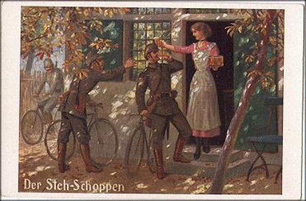 Militärfahrradfahrer, 1. WK.,  Stehschoppen, Künstlerkarte * ca.1915