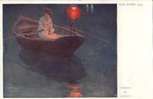 Lampion artist card Rob. Ship woman in boat o 15.10.1912