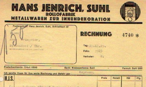 Suhl, Hans Henrich, Rollofabrik, Metallwaren Briefkopf vom 27.11.1925
