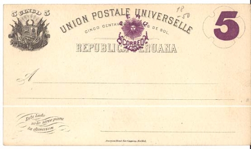 Peru postal stationery 5 Cantavos with overprint 5 Centavos * approx. 1890