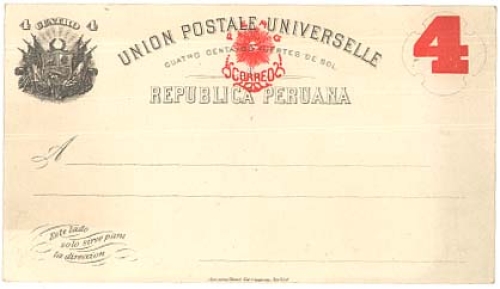 Peru Ganzsache mit roten Aufdruck 4 cuatro * ca. 1890