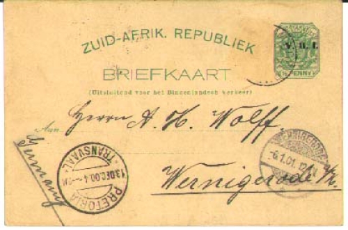 South Africa postal stationery with imprint V.R.I. o January 6, 1901 to Wernigerode