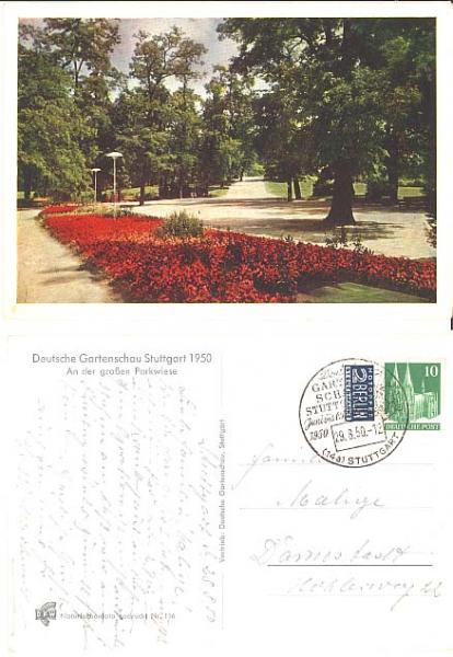 Stuttgart garden show 1950 large park meadow with advertising stamp o 29.8.1950