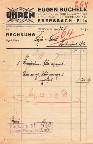 73061 Ebersbach Fils watch shop Eugen Buchele letterhead 1939