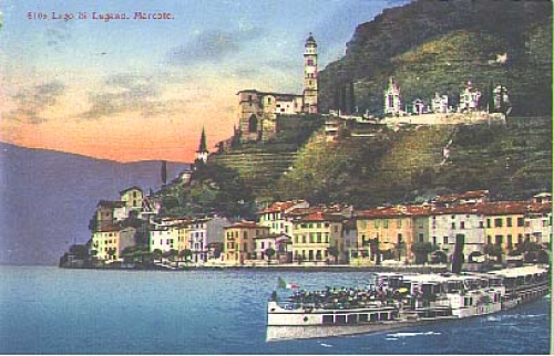 Lago di Lugano Marcote with barge "Italia" * ca. 1910