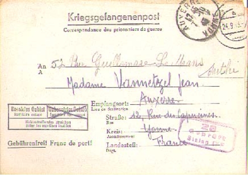 POW mail to France, censor stamp 28 Stalag IVF o 24.9.1943