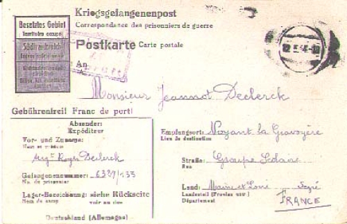 Prisoner of war mail to France censorship postmark 41, May 12th, 1944