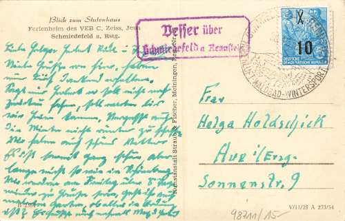 98711 Schmiedefeld Stutenhaus Country postmark Vesser o ca. 1960