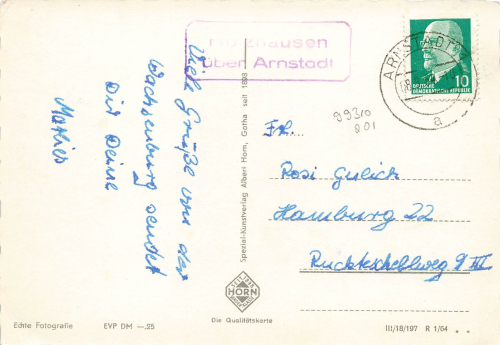 99310 Holzhausen Landpoststempel Posthilfsstellenstempel o 8.8.1964 auf AK Wachsenburg