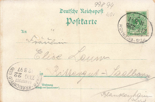 99894 Reinhardsbrunn Litho or 11.8.1897  railway mail Leipzig - Eisenach train no. 228