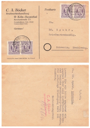 AM Post 3 Pfennig Michel 17 2 waagerechte Paare auf Karte o Köln Bayenthal 8.5.1946 nach Schwerin