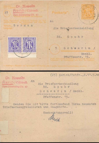AM postal stationery 6 Pfennig o Aurich May 13, 1946 to Schwerin
