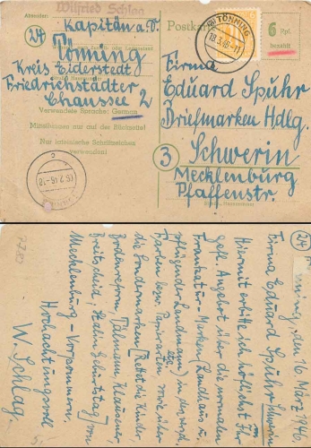 AM postal stationery 6 Pfennig green o Tönning 18.3.1946