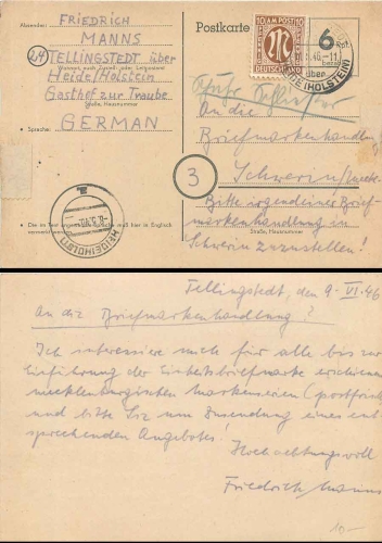 Postal stationary 6 Pfennig paid gray o Heide (Holstein) May 8, 1946 to Schwerin
