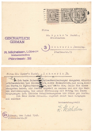 AM Post Michel 2 multiple franking 4 Pfennig on card o Lubeck 3.5.1946 to Schwerin