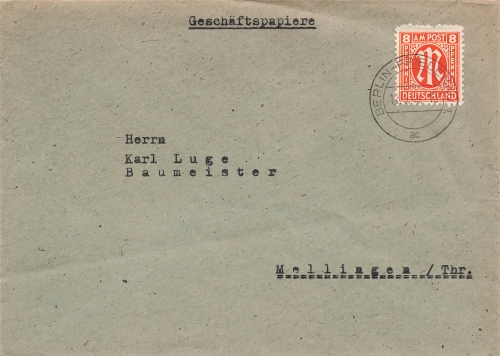 AM Post Michel 5  Einzelfrankatur 8 Pfennig auf Brief o Berlin Friedenau 12.9.1945 nach Mellingen