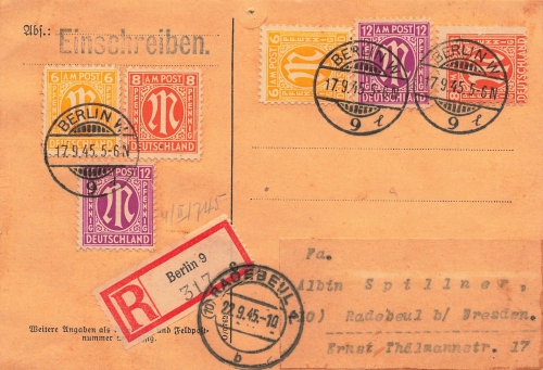 AM Post je 2 x Michel 4 5 7 auf Einschreiben o Berlin 17.9.1945 nach Radebeul