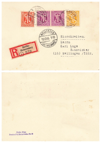 AM Post je Michel 4 5 7 auf Einschreiben o Berlin 10.10.1945 nach Mellingen