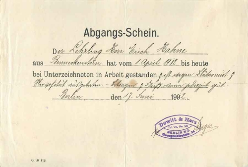 Dewitt & Herz Berlin Certificate of Departure Mr. Erich Hahne Bennekenstein 1912