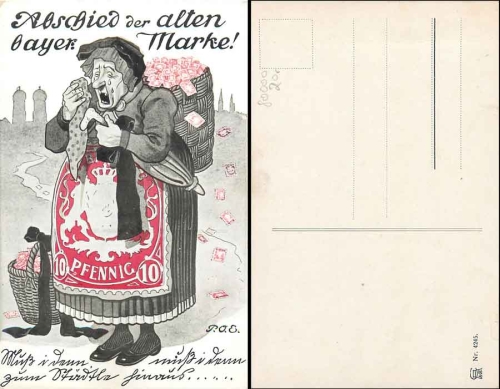 Farewell Bavarian postage stamp, woman with rucksack basket, artist card P. O.E., * Approx. 1920