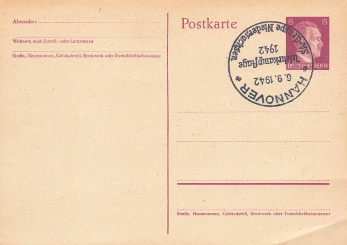 Adolf Hitler 15 Pfennig postal stationery special cancellation Hanover 6.9.1942 military campaign days of the SA group