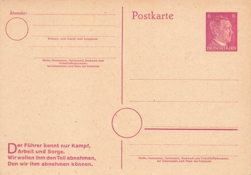 Adolf Hitler 6 Pfennig Ganzsache "Der Führer kennt nur Kampf..." 1942 *