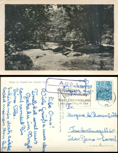 Aga via Gera country postmark on AK Triebtal o 20.6.1958